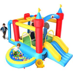 WELLFUNTIME Inflatable Bounce House with Slide, Jumping Castle with Blower and Wave Pool, Basketball Rim, Football Goal