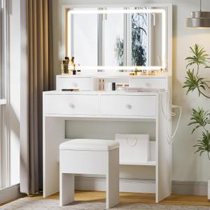 Haewon Vanity Desk with Mirror and LED Lights, White Makeup Vanity with Power Outlet, Storage Drawers and Chair, Dressing Table Set for Bedroom Dressing Room (Small)