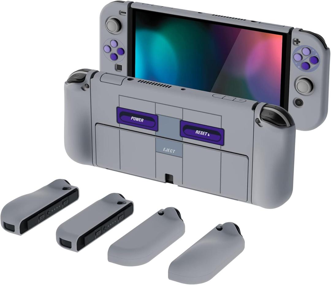 PlayVital AlterGrips Protective Slim Case for Nintendo Switch OLED, Ergonomic Grip Cover for Joycon, Dockable Hard Shell for Switch OLED w/Thumb Grip Caps & Button Caps (Classics SNES Style)