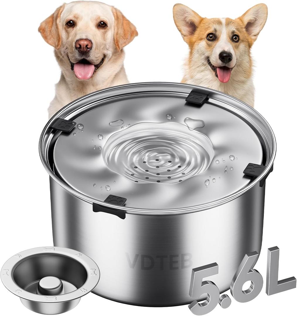 Dog Water Bowl 1.5Gal/5.6L Stainless Steel No Spill Water Bowl for Dogs Spill Proof Slow Drinking Dog Water Feeder with Anti-Slip for Medium Large Messy Drinkers