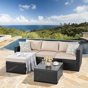 Shintenchi 3 Pieces Patio Furniture Set,All-Weather Rattan Patio Conversation Set,Outdoor Sectional Black Wicker Patio Couch with Washable Cushions and Glass Coffee Table(Blue)