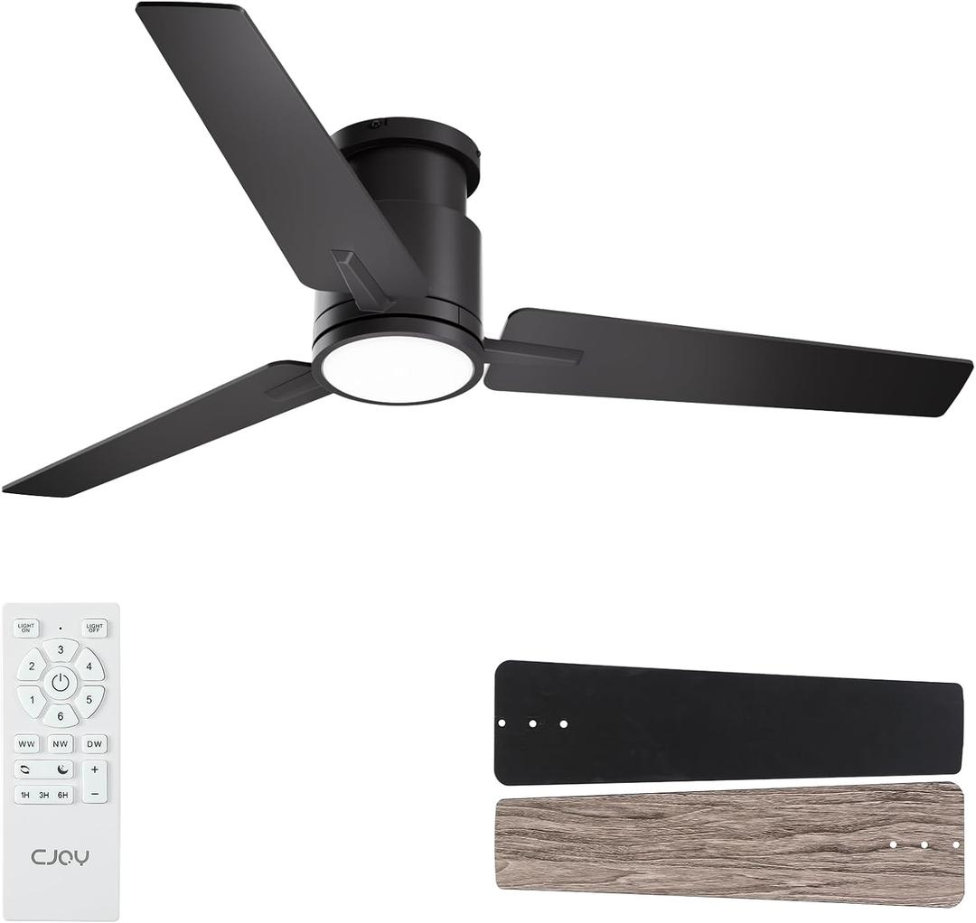 CJOY Ceiling Fan with Lights, 52 Inch Low Profile Ceiling Fans with Light and Remote, Reversible DC, Flush Mount, 3CCTDimmable, Modern Indoor/Outdoor Design for Bedroom, Living Room, Patio, Kitchen (Black)