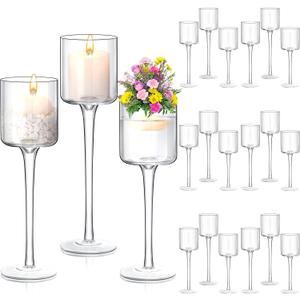 Sieral 18 Pcs Glass Candle Holder Tall Tea Lights Candle Holder for Table Centerpiece Floating Hurricane Long Stem Pillar for Wedding Party Home Table Decoration, 3 Sizes