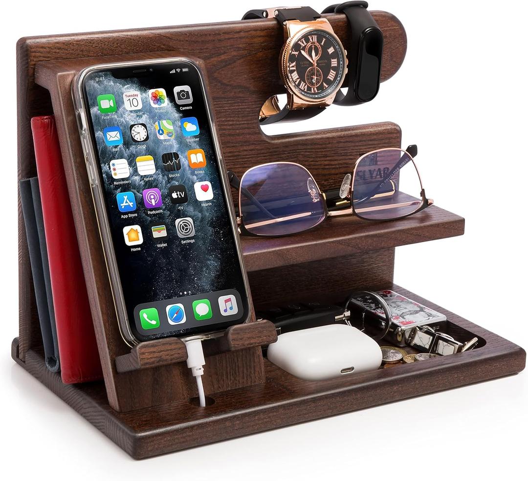 TESLYAR Wood Phone Docking Station for Men - Desktop or Nightstand Organizer - Birthday Gifts for Men, Dad - Anniversary Idea from Wife - Key Holder, Stand Wallet, Watch & Essentials (Bourbon Brown)