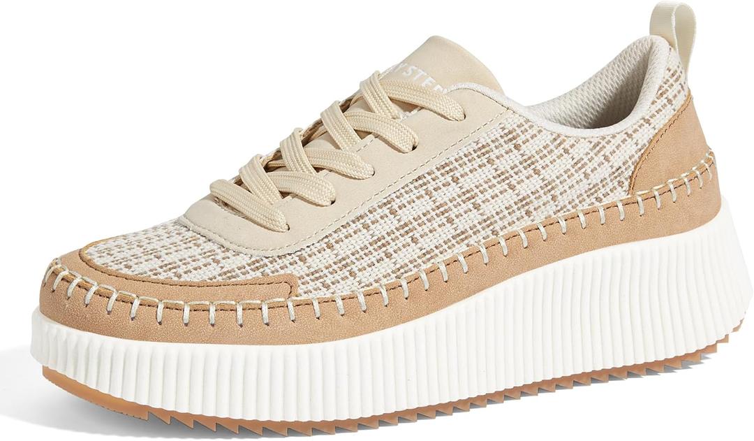 LUCKY STEP Women's Platform Sneakers Rhinestone Fashion Chunky Casual Sparkly Retro Braided Walking Shoes (9, Beige/Brown Mesh)