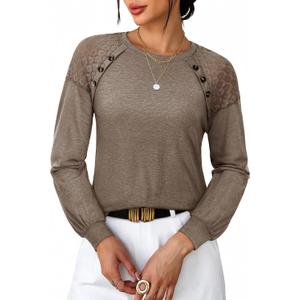 siliteelon Lace Long Sleeve Tops Dress Shirt Womens Crew Neck Loose Dressy Blouse Business Casual Work Summer 2026 Coffee (Brown, L)