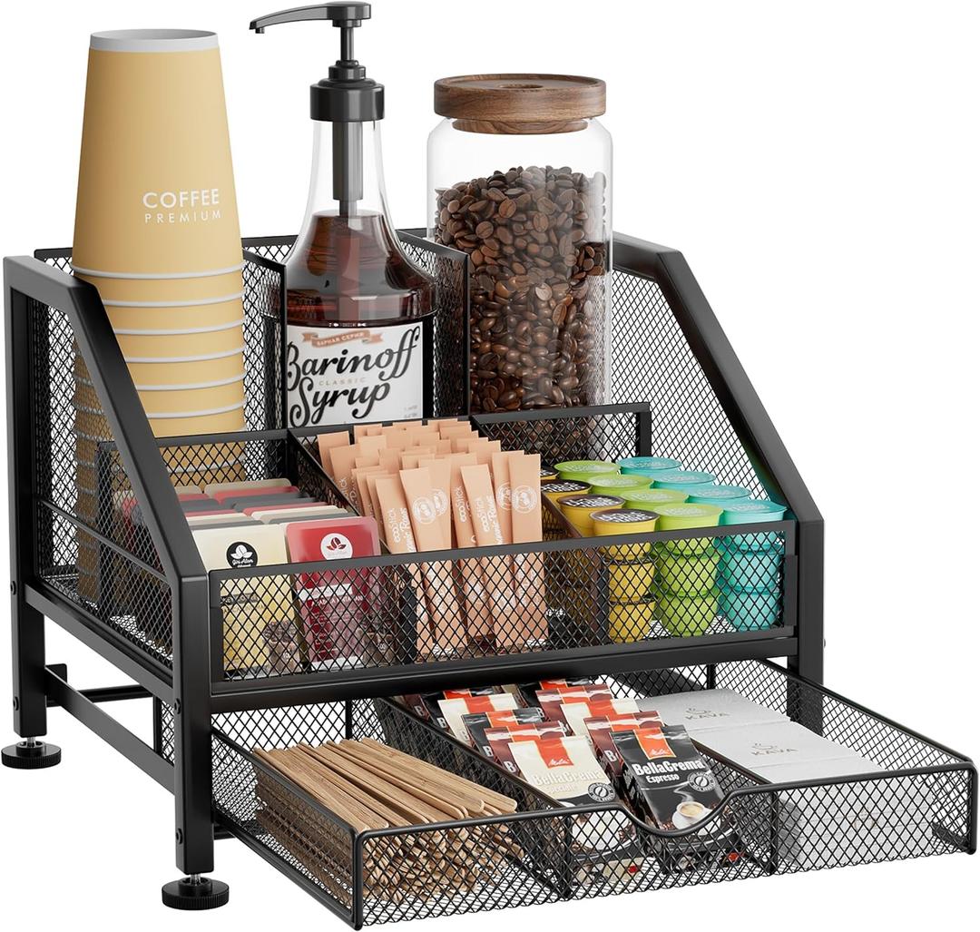 SWTYMIKI Coffee Bar Organizer for Countertop  Space-Saving Kcup Organizer with Drawer and Tiered Shelves, Countertop Coffee Station for Pods, Sugar, Syrup, Cups, Stirrers, Mesh Condiment Storage