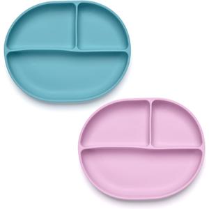 Silicone Plate Set, 100% food-grade silicone material, with suction cups at the bottom, Baby Led Weaning Supplies (Blue, pink)
