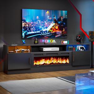 70" Fireplace TV Stand with Power Outlet for TVs UP to 80", Electric Fireplace Entertainment Center with LED Lights & Storage Cabinets, TV Console for Living Room, Office, Black-Black2