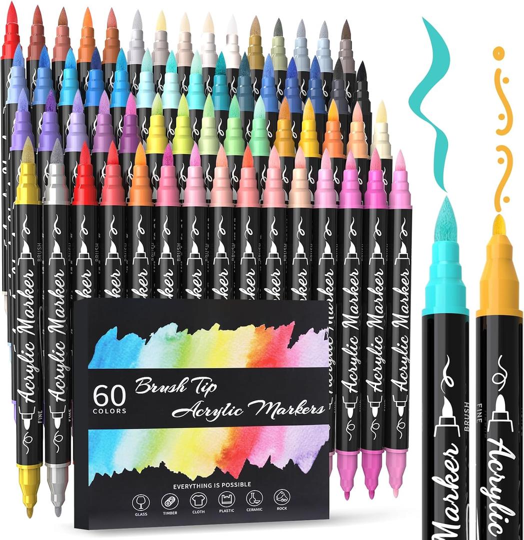 TOSHARE 60 Colors Acrylic Paint Markers, Brush & Fine Dual Tip Acrylic Paint Pens for Rock, Wood, Paper, Fabric, Canvas, Glass, Ceramic, Egg, Scrapbook and DIY Crafts Supplies Art Gifts