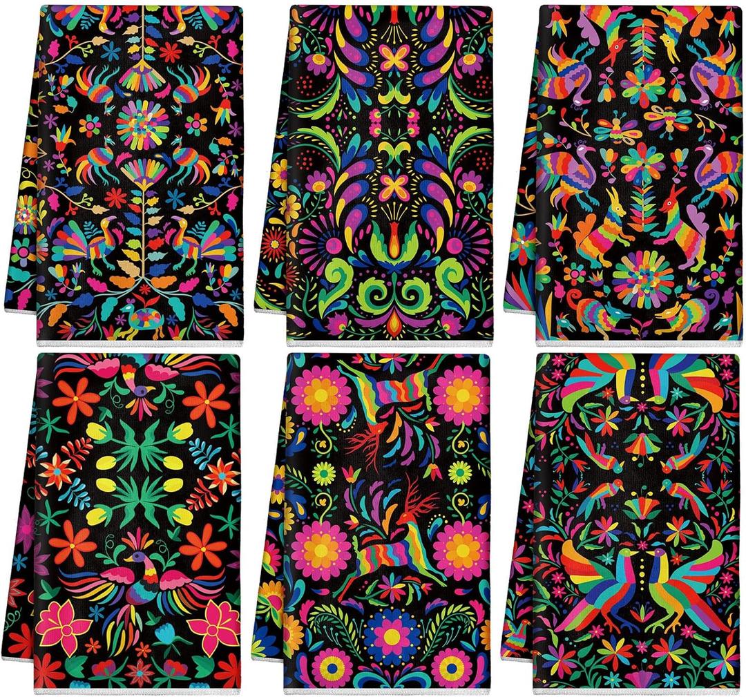 Breling Set of 6 Mexican Kitchen Towels Colorful Flowers Mexican Themed Dish Towel Bathroom Decorative Christmas Hand Cloths Decor for Holiday Kitchen Bathroom Home Cooking, 14 x 21 Inch (Black)