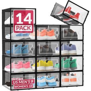Reli. Shoe Boxes (14 Pack) | Clear Shoe Storage Boxes Stackable and Compact | Lightweight Plastic Storage Box with Ventilation Holes, Swing Door | Interlocking Containers, Stackable Rack | Black