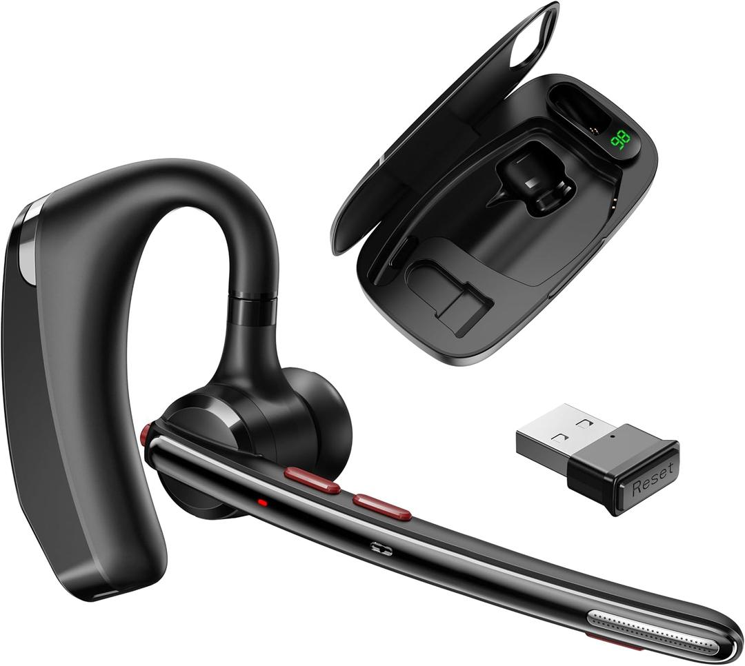 Bluetooth Headset V5.3, Wireless Headset with Dual Noise-Canceling Microphones, Portable Charging Case, 300H Standby Time, Hands Free Headphones for Computer/Cell Phones, Trucker/Home/Office/Work