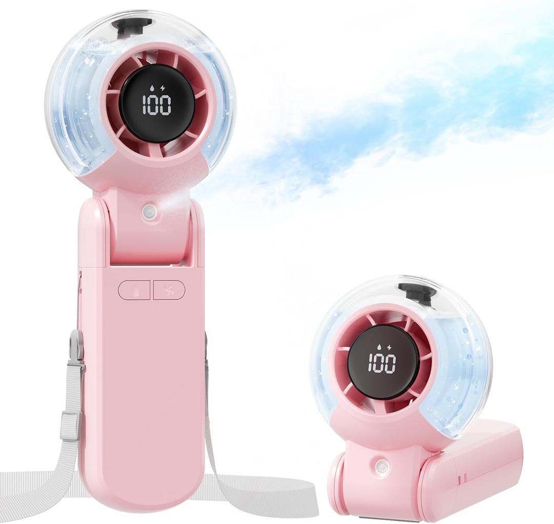 TriPole Misting Fan Portable Handheld Turbo Fan with Mist, LED Display, Neck & Desk Foldable High Speed Airflow Mini Fans, Rechargeable Personal Mister Fans with Water Spray Bottle for Outdoor Travel (Pink)