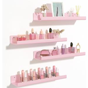 Upsimples Acrylic Shelves for Wall Decor, 15" Display Shelf Perfume Organizer for Bathroom, Bedroom, Living Room, Floating Bookshelves for Kids, Pink, 4 Pack, 15x4"