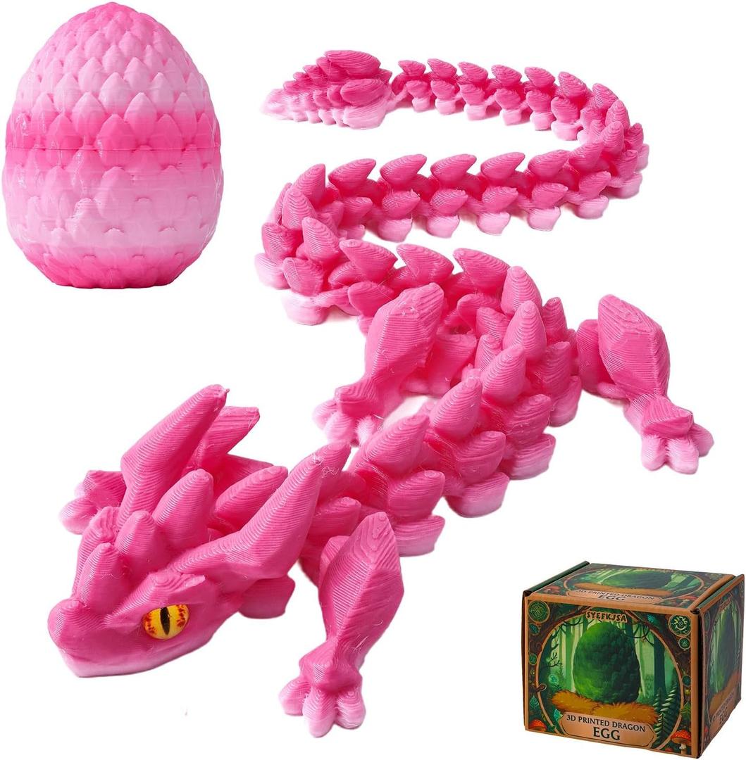 3D Printed Dragon Eggs with Dragon Inside - 12Inch,Articulated Fidget 3D Printed Animals, Interesting Decorative Gift, Easter Basket Essentials Stuffers (Cherry Blossom)