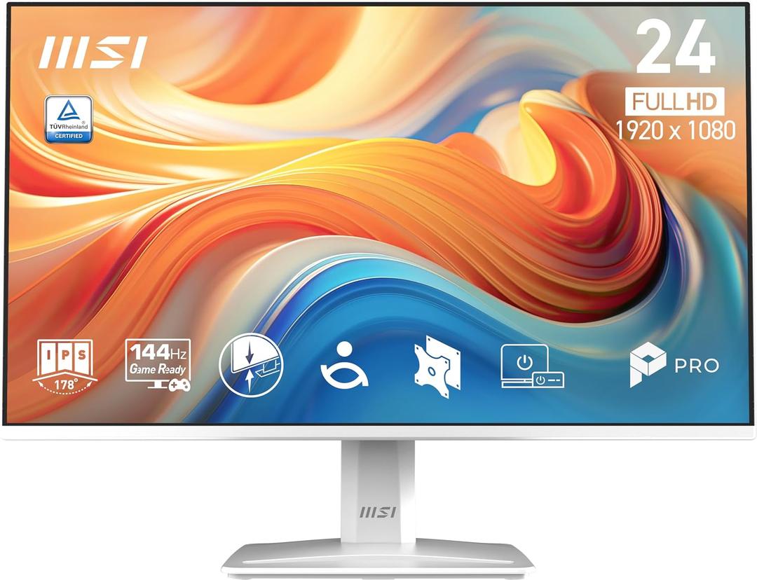 msi PRO MP243W E14 24-inch IPS 1920 x 1080 (FHD) Computer Monitor, 144Hz, Adaptive-Sync, HDR Ready, HDMI, Display Port, VESA Mountable, Tilt, 4-Side Slim Bezel, 1ms, White