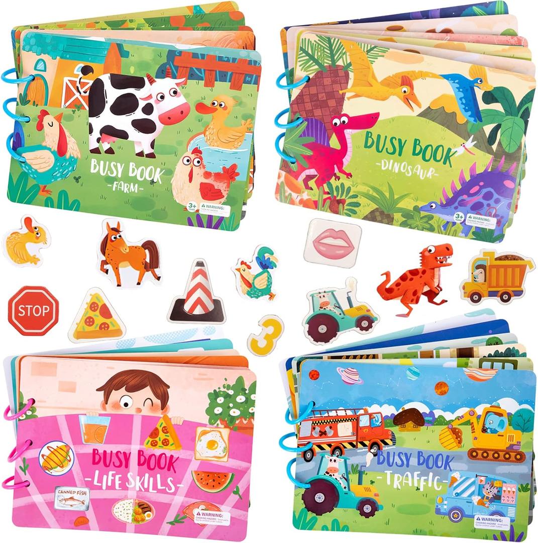4 Pack DIY Montessori Busy Book for Toddlers, Montessori Quiet Book for Kids, Vehicle Life Skill Farm Dinosaur Preschool Learning Activities Learning & Education Toys