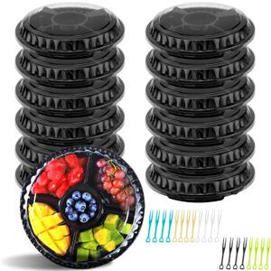 12 Pcs Plastic Appetizer Serving Tray with Lid, Round Fruit Tray with Lid Disposable Serving Fruit Veggie Tray with 3/5/6 Divided Compartment Tray Fruit Snack Veggie Trays for Catering for Party (9.84x9.84x2inch, Black)
