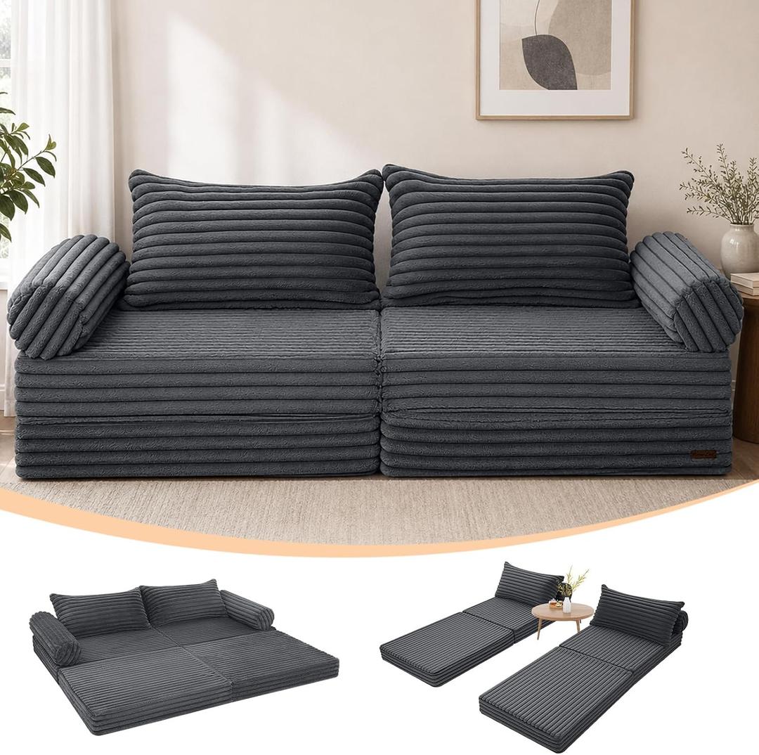 MeMoreCool Convertible Sofa Bed Queen, Corduroy Folding Couch Bed, Grey, 80" Queen