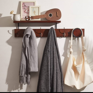 UWAET Coat Rack Wall Mounted with Shelf 27.5 Inch Length Wall Hanging Shelf Bamboo Coat Hooks with 6 Hooks for Entrance, Living Room,Bedroom, Bathroom (6 Hooks)