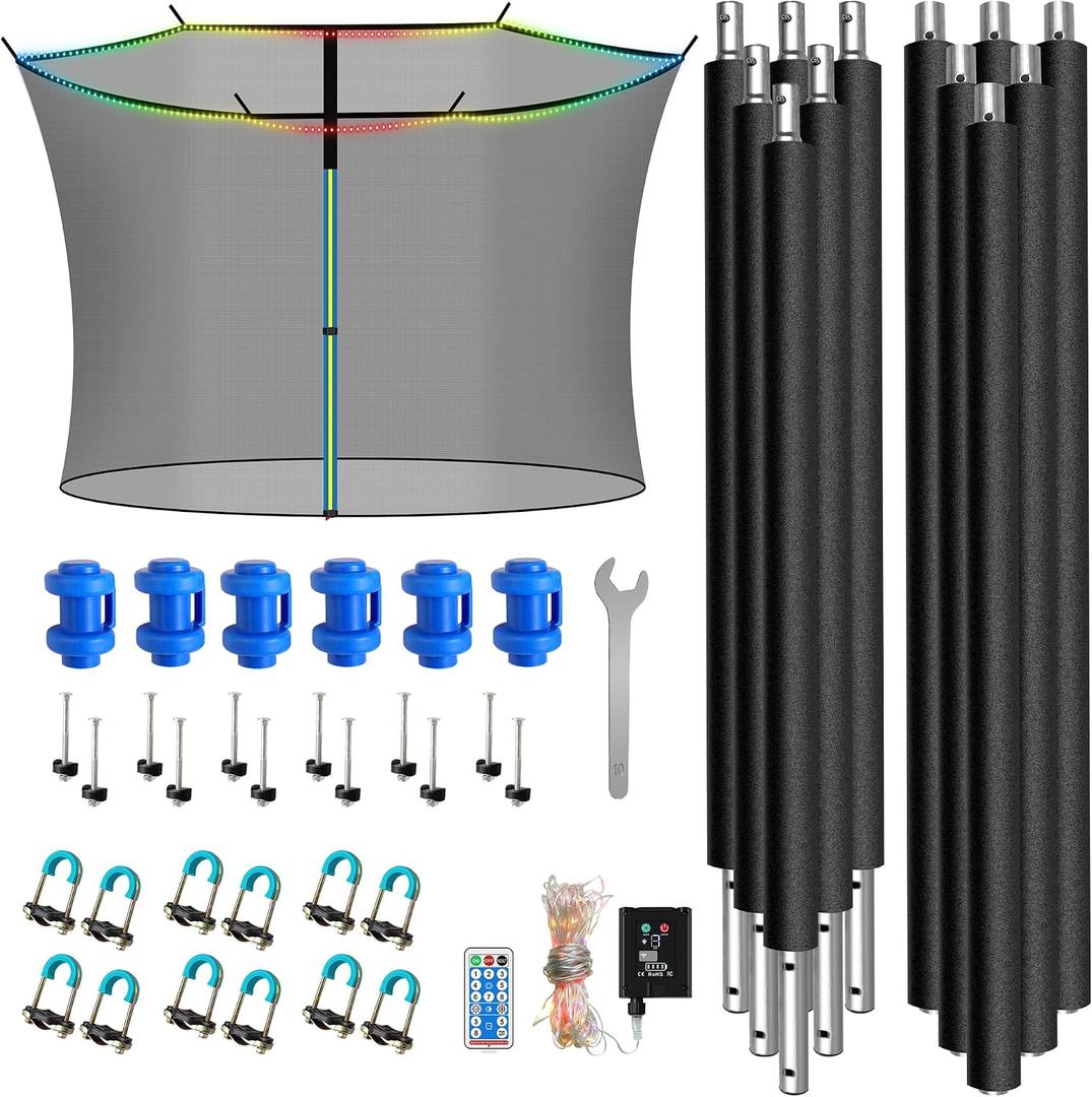 6PCS Trampoline Poles and 14FT Enclosure Net with Solar Light, Universal Trampoline Replacement Net and Enclosure Pole with Caps & Hardware, Fits 14FT Trampoline Round Frame with 6 Straight Pole