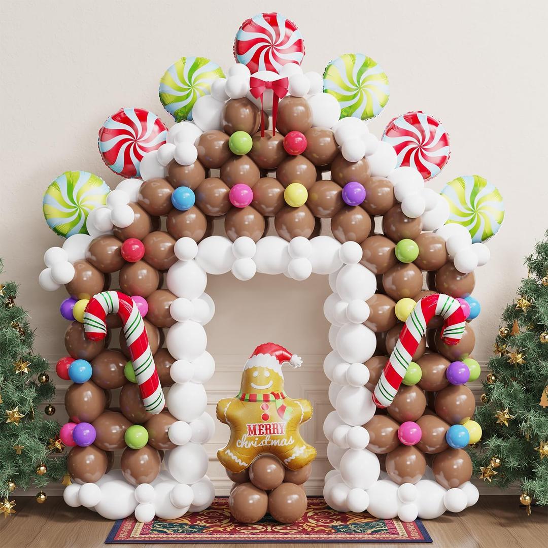 440 Pcs Christmas Gingerbread House Balloon Kit, Brown White Balloon Arch Garland with Lollipops, Candy Canes, Gingerbread Man for Merry XMAS Holiday New Year Winter Party Decorations