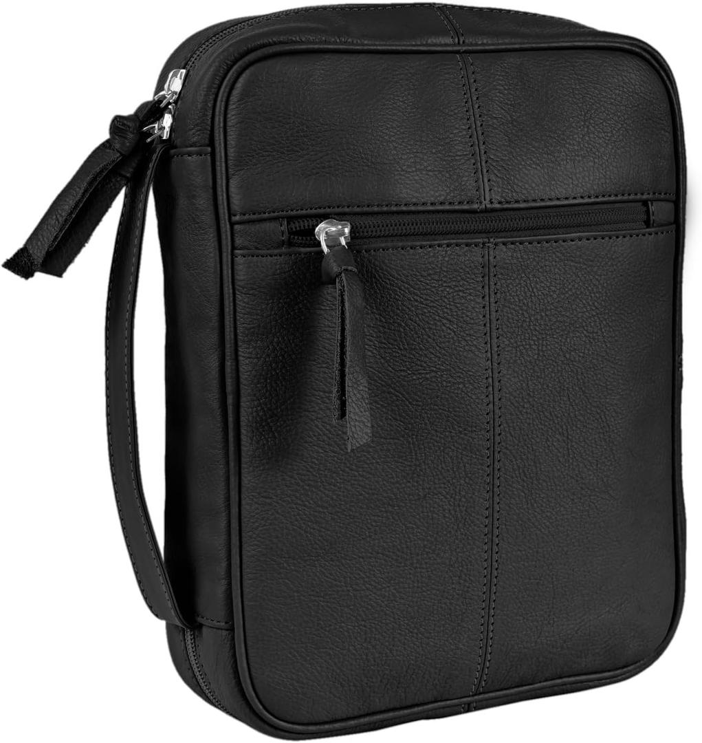 ELIZO Full Grain Italian Leather Bible Cover - Soft Zippered Carrying Case for Men & Women, Church Bag, Book Holder, Religious Gift (Black, XL)
