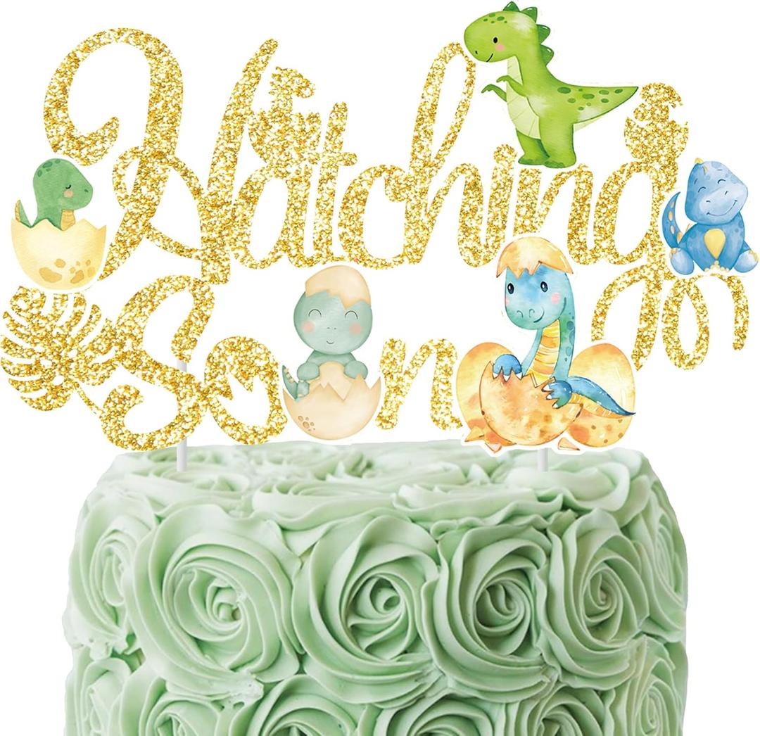 Dinosaur Hatching Soon Cake Topper Gold Baby Dinosaur Party Cake Topper Dinosaur Baby Shower Decoration for Dino Theme Gender Reveal It's A Boy Party Supplies