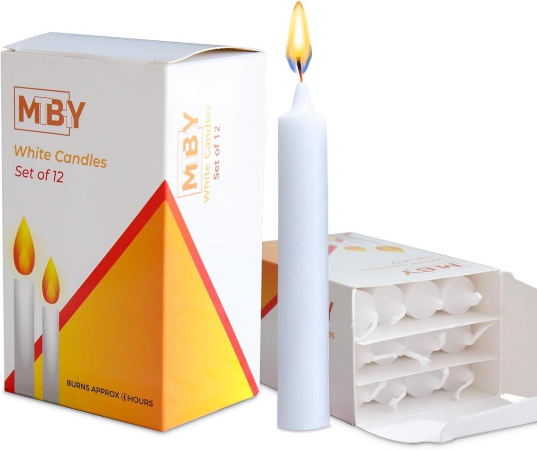 Small Taper Candles 4 Hours - 5 Inches Tall - Pack of 12 - Thin Short - Unscented - White - Household Diner - Smokeless Flame - Emergency Candles - Candlelight Services