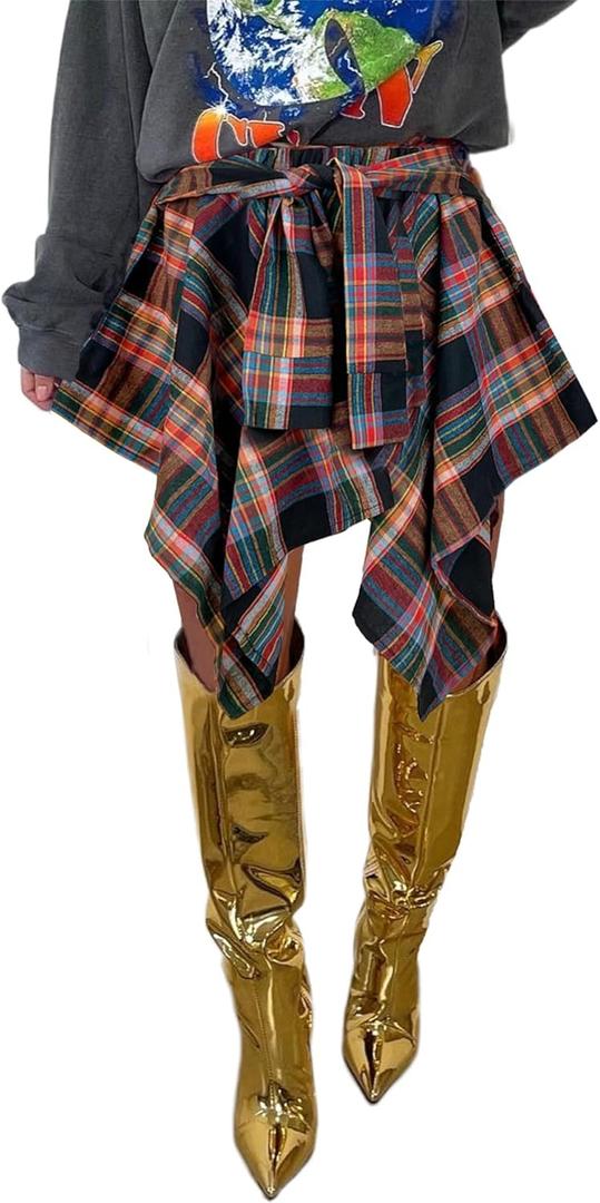 Women's Plaid Skirts High Waisted Knot Front Asymmetrical Hem Mini Skater Skirt (XX-Large, Colorful)