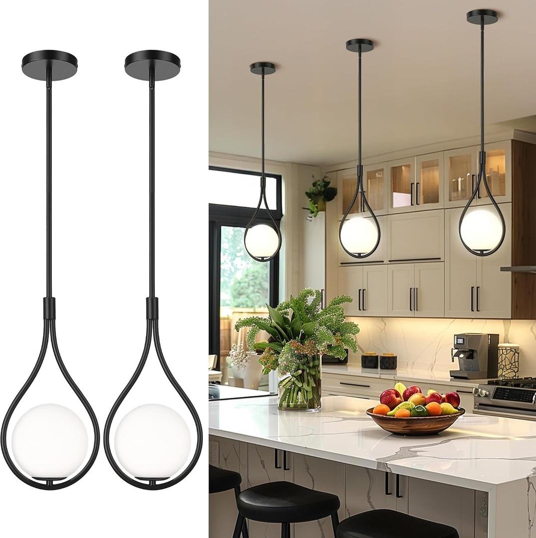 AUTELO 2 Pack Pendant Lights Kitchen Island, Modern Pendant Lights in Black Finish with Milky White Globe Glass, Black Pendant Light Fixtures, 1-Light Hanging Lamp for Kitchen Island H9377 MGBK-2PK AUTELO 2 Pack Pendant Lights Kitchen Island, Modern Pendant Lights in Black Finish with Milky White Globe Glass, Black Pendant Light Fixtures, 1-Light Hanging Lamp for Kitchen Island H9377 MGBK-2PK