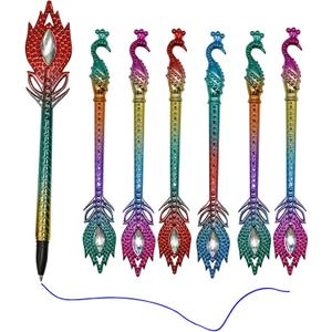 12 PCS Dazzling Peacock Pens Feather Pen With Diamond Colored Phoenix Pens 0.5 Blue Gel Ink For Office Birthday Christmas Party