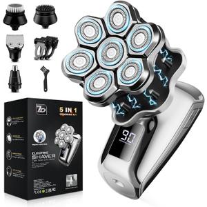 Head Shavers for Bald Men, 7D Floating Blades Electric Razor with Magnetic Detachable Heads, IPX7 Waterproof Rotary Shaver 5-in-1 Self-Grooming Kit Gift for Balder