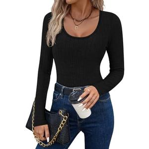Ekouaer Women's Scoop Neck Shirts Long Sleeve Top Basic Ribbed Tee Lightweight Thermal Undershirt Slim Fit Pullover Sweater, Medium
