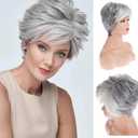 Short Gray Wigs for White Women Pixie Cut Wig with Bangs Natural Synthetic Hair Wigs for Daily Use