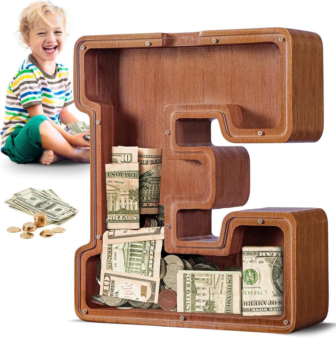 Summidate Large Wooden Piggy Bank for Kids Adults, Letter E Money Bank for Boys Girls, Personalized Initial Alphabet Bank for Coins Bills Change, Birthday and Decor