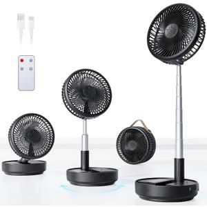Portable Oscillating Travel Fan, 10400mAh Battery Operated Rechargeable USB Floor Table Desk Fan with Remote, 4 Speed Settings Pedestal Fan for Home Bedroom Office Camping Cruise, Black 8"