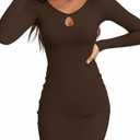 Valiamcep Women's Long Sleeve Dress Cutout Keyhole Neck Bodycon Dresses Ribbed Party Mini Dress Brown S