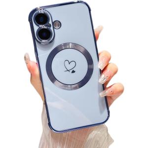 ZTOFERA Magnetic Case for iPhone 16 Plus Case 6.7" [Compatible with MagSafe] Cute Plating Love Hearts Pattern Case with Camera Protection,Soft Shockproof TPU Bumper Cover for Women Girls,Blue
