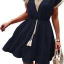 SOLY HUX Women's Lace V Neck Fringe Trim Short Dress Short Sleeve Flowy A Line Summer Casual Dresses (Black, S)