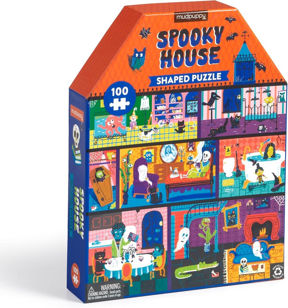 Mudpuppy Spooky House  100 Piece Unique House Shaped Scene Puzzle with Colorful and Fun Illustrations of A Haunted House for Children Ages 5-8