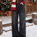 EMMIOL Fleece Lined Jeans Women Baggy, Wide Leg Denim Pants Winter Warm Loose Fit Flannel Lining Y2K Boyfriend Womens Black, XS