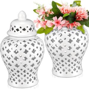 Zhehao 2 Pcs Ginger Jars for Home Decor 8.7 Inch Tall Ceramic Ginger Jar Modern Ceramic Hollow Out Handicraft Flower Vase with Lid for Home Office Party Wedding Decor(White)