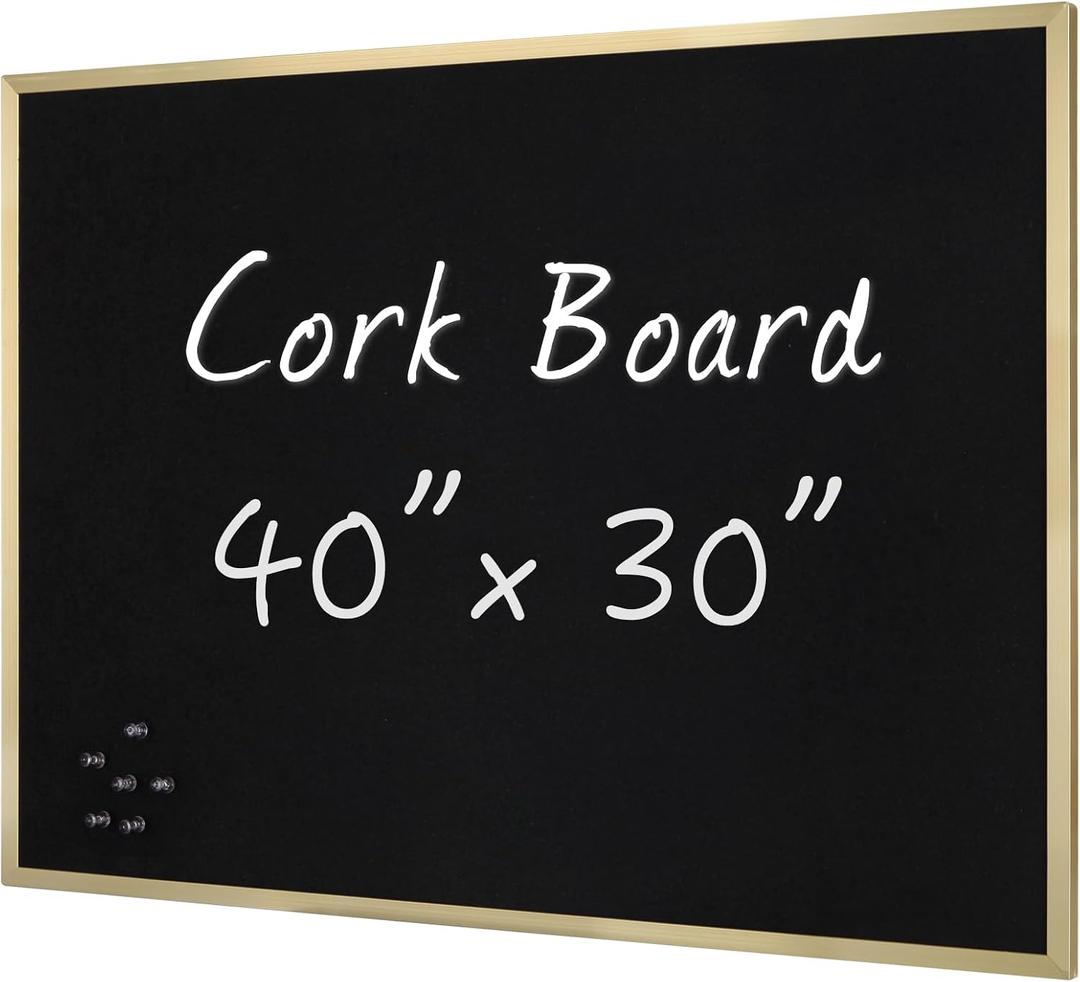 INNOVART Black Cork Bulletin Board 40" X 30" with 10 Push Pins, Corkboard with Gold Aluminum Frame, Black Cork Notice Board Message Board, Framed Pin Board for Home, Office, School