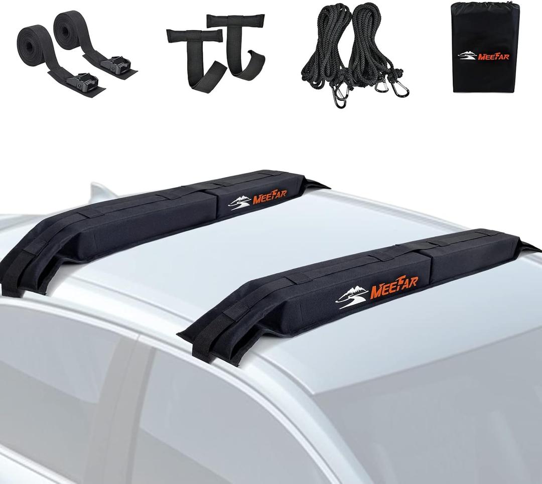 MeeFar Universal Car Soft Roof Rack Pads Luggage Carrier System for Kayak Surfboard SUP Canoe Include 2 Heavy Duty Tie Down Straps, 2 Tie Down Rope, 2 Quick Loop Strap and Storage Bag MeeFar Universal Car Soft Roof Rack Pads Luggage Carrier System for Kayak Surfboard SUP Canoe Include 2 Heavy Duty Tie Down Straps, 2 Tie Down Rope, 2 Quick Loop Strap and Storage Bag