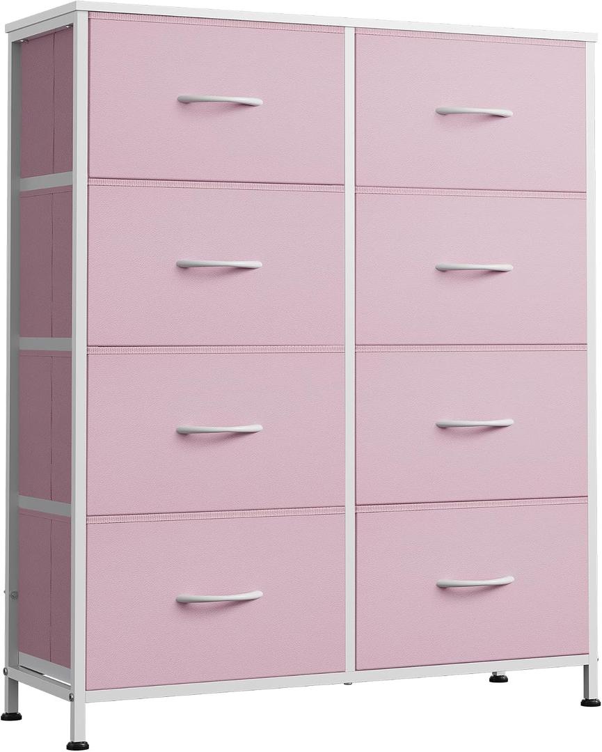 WLIVE Fabric Dresser for Bedroom, Tall Dresser with 8 Drawers, Storage Tower with Fabric Bins, Double Dresser, Chest of Drawers for Closet, Playroom, Dormitory, A-Pink
