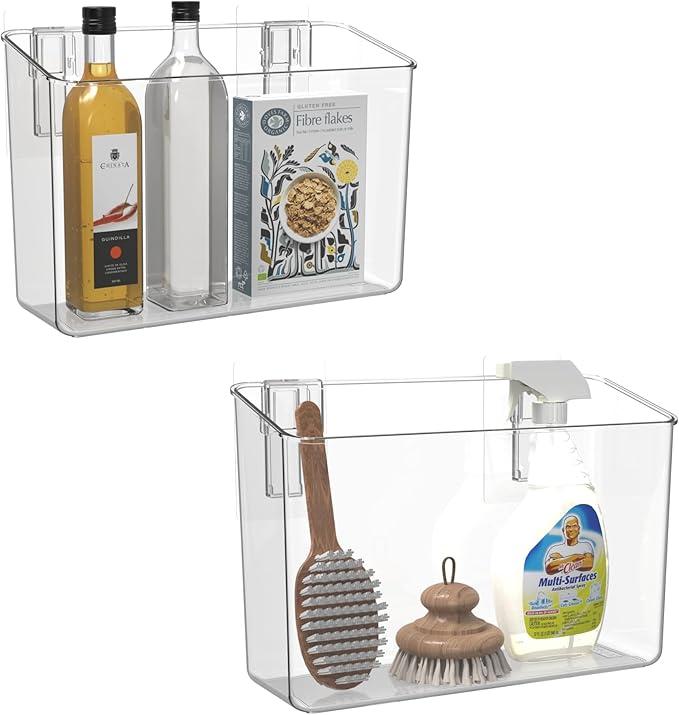 2 Pack Plastic Over Cabinet Door Organizer, Adhesive Mount Storage Organizer Container Makeup Organizer Hanging Basket Bins for Craft Room, Pantry, Office, Space Saving Holder for Kitchen Bags