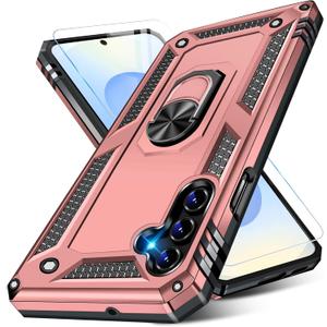 Heavy Duty Case for Samsung Galaxy S25 Phone Case with Screen Protector, Military Grade Shockproof Rugged Protective Cover for Samsung S25, with Metal Ring Magnetic Kickstand (Pink)