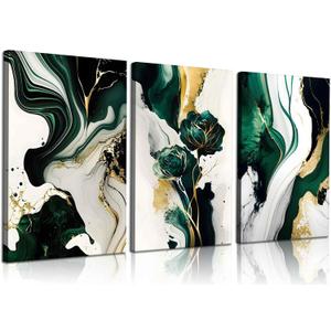 3Pcs Framed Emerald Green Wall Art, Modern Green and Gold Abstract Marble Canvas Wall Art Paintings Prints Posters Wall Decor Pictures for Living Room Bedroom Office Home Decoration, Ready to Hang (16x24in)